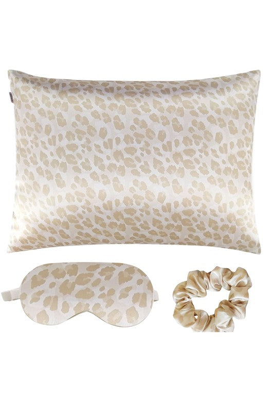 Satin Pillowcase Sleep Mask Scrunchie Gift Set Beige Leopard 1 by Dani &amp; Em | Fleurcouture