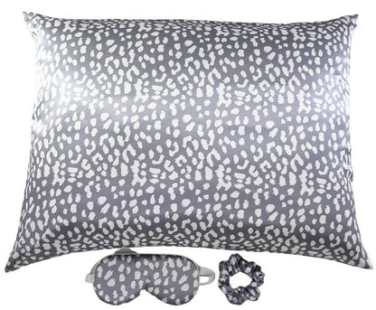 Satin Pillowcase Sleep Mask Scrunchie Gift Set Gray Leopard 1 by Dani &amp; Em | Fleurcouture