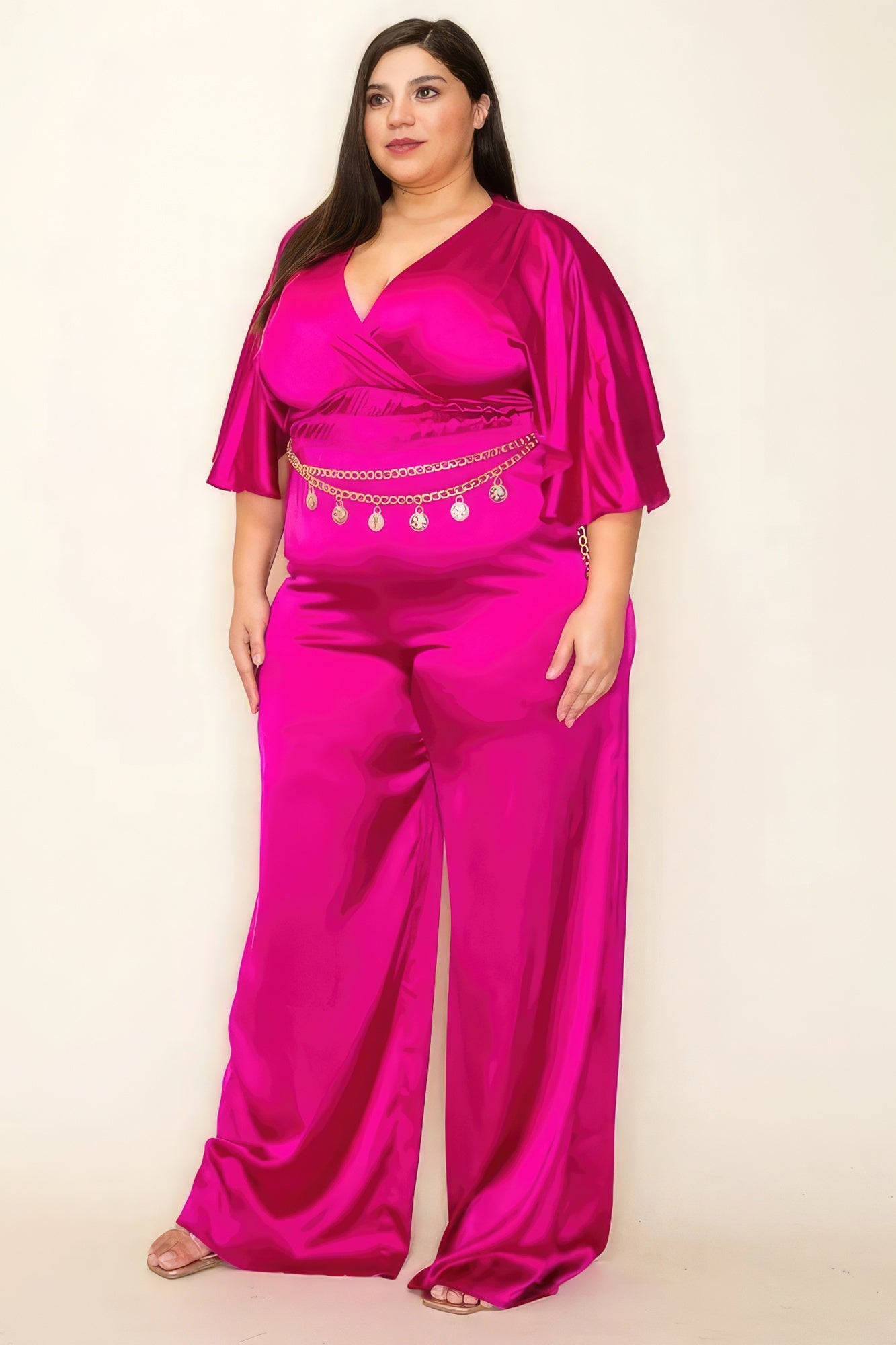 Satin Wrap Front Short Sleeve Smocked Waist Jumpsuit Jumpsuits by Fleurcouture | Fleurcouture