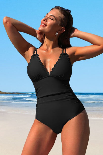 Scalloped V Neck Cut Out Monokini Swimwear 10070BLA-Black S by Charmo | Fleurcouture