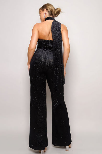 Scarf Top Glitter Velvet Jumpsuit Jumpsuits by Fleurcouture | Fleurcouture