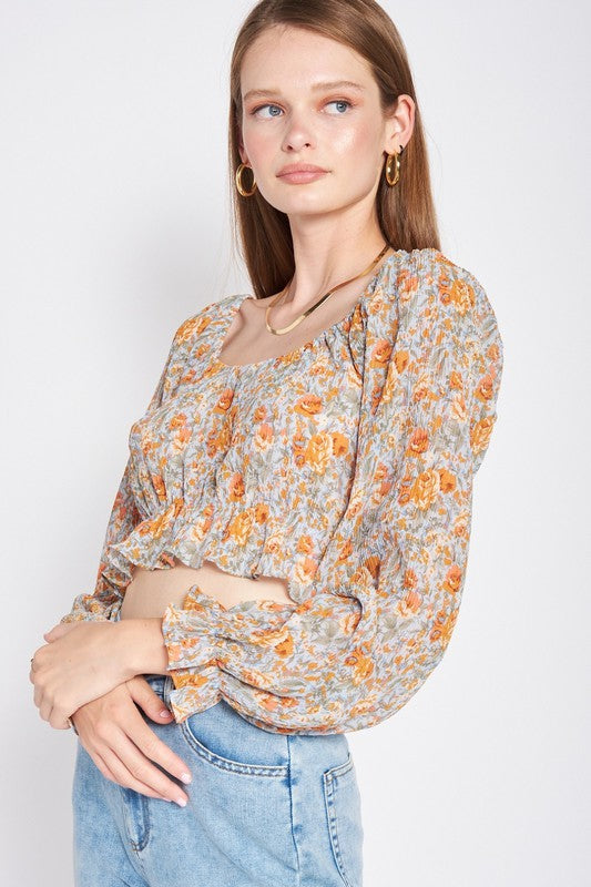 SCOOP NECK FLORAL TOP WITH RUFFLE DETAIL ORANGE FLORAL by Emory Park | Fleurcouture