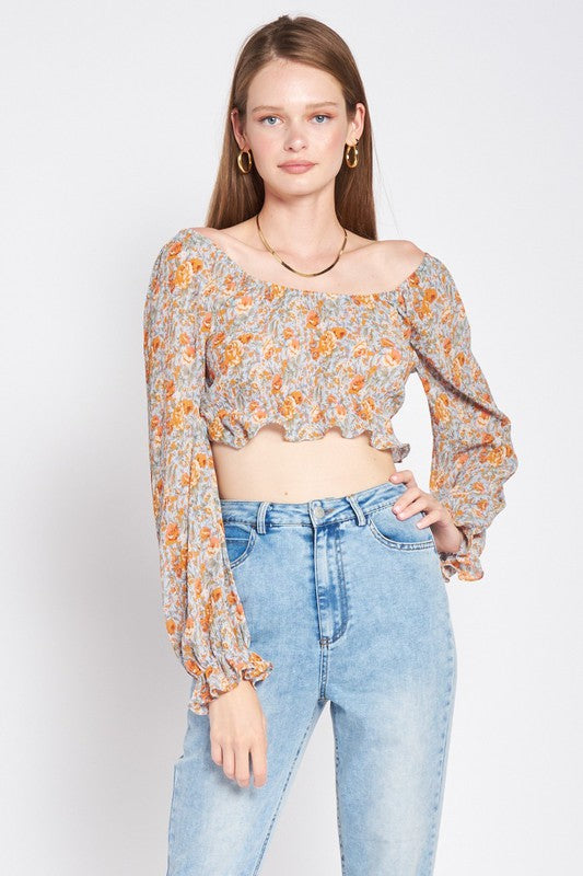 SCOOP NECK FLORAL TOP WITH RUFFLE DETAIL ORANGE FLORAL S by Emory Park | Fleurcouture