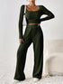 Scoop Neck Long Sleeve Top and Pants Set Army Green S Women&