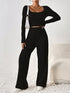 Scoop Neck Long Sleeve Top and Pants Set Black S Women&