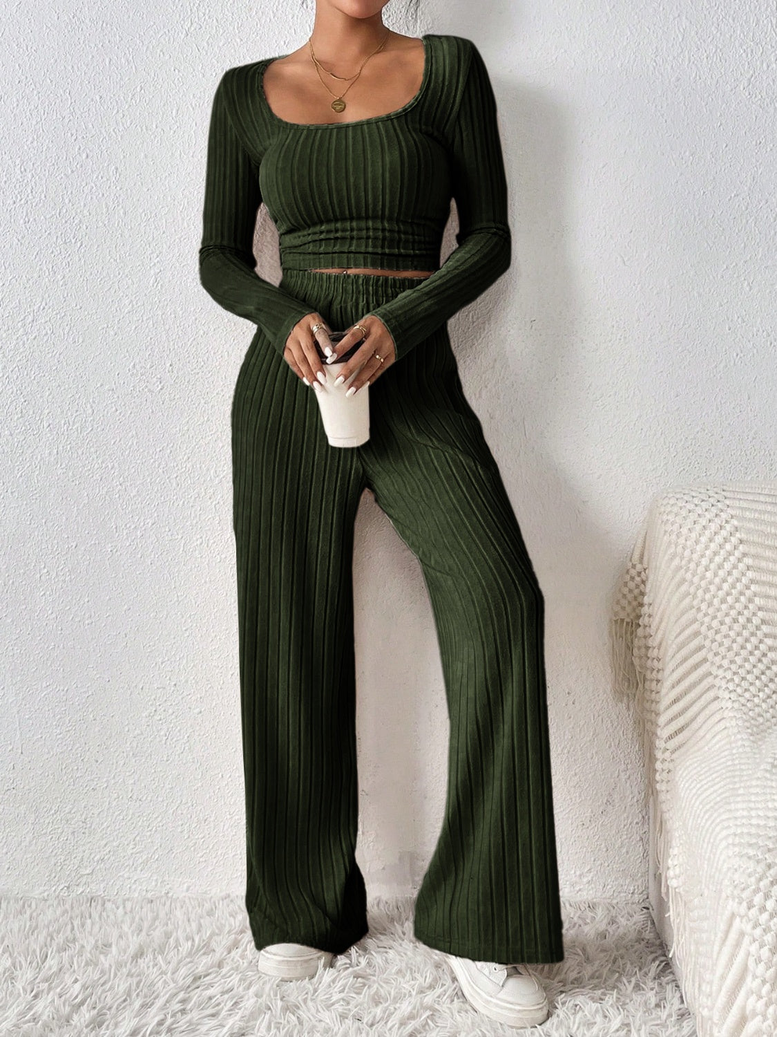 Scoop Neck Long Sleeve Top and Pants Set Women&