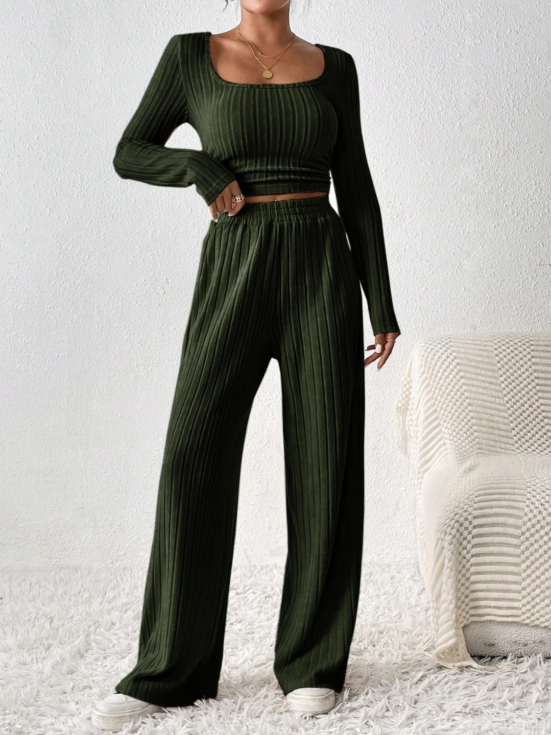 Scoop Neck Long Sleeve Top and Pants Set Women&