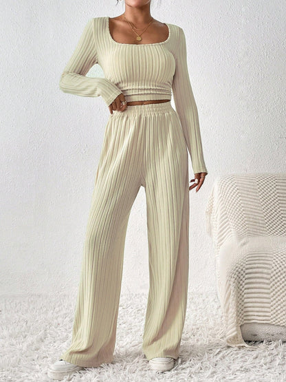 Scoop Neck Long Sleeve Top and Pants Set Women&