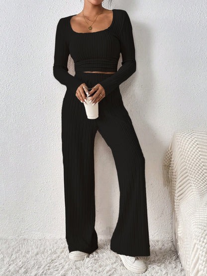 Scoop Neck Long Sleeve Top and Pants Set Women&