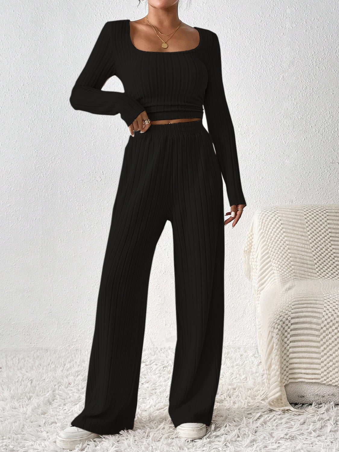 Scoop Neck Long Sleeve Top and Pants Set Women&