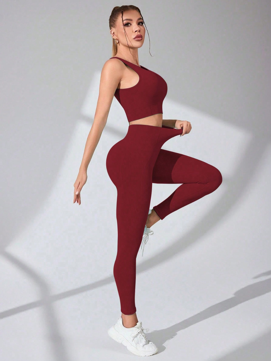 Scoop Neck Wide Strap Top and Pants Active Set Burgundy S Active Sets by Trendsi | Fleurcouture