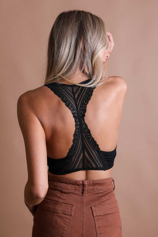 Seamless Front Lace Racerback Bralette Black M by Leto Accessories | Fleurcouture