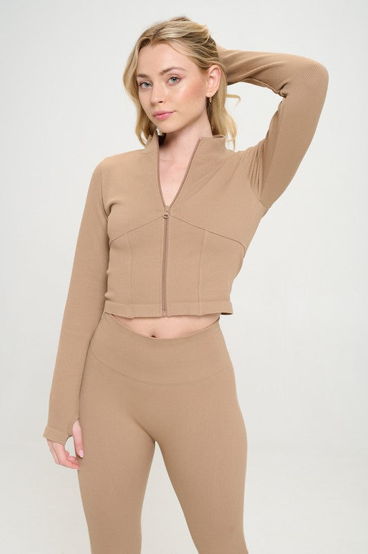 Seamless Ribbed Tracksuit Zip-up Two-Piece Set Brown S by OTOS Active | Fleurcouture