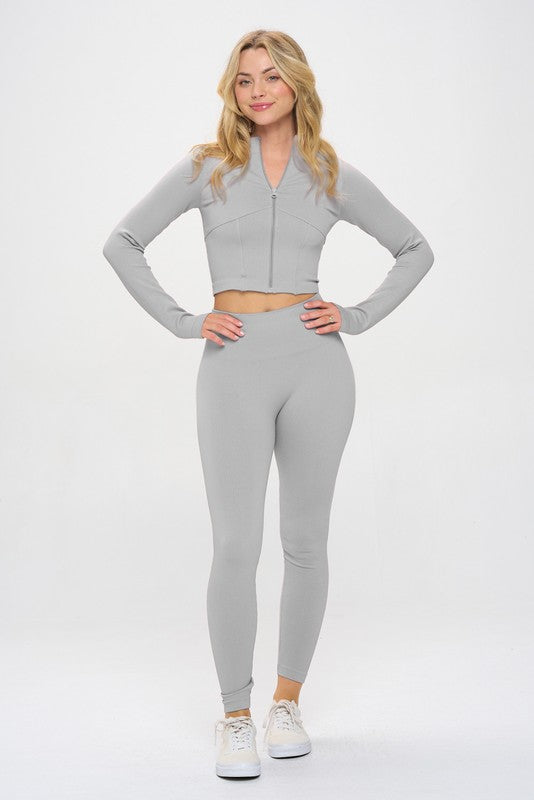 Seamless Ribbed Tracksuit Zip-up Two-Piece Set by OTOS Active | Fleurcouture