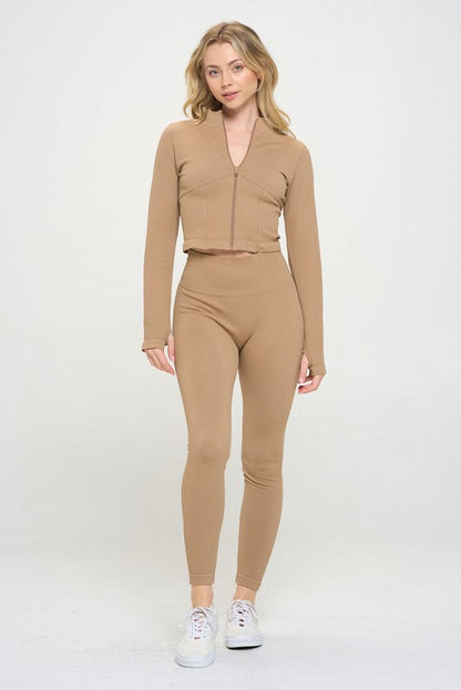 Seamless Ribbed Tracksuit Zip-up Two-Piece Set by OTOS Active | Fleurcouture