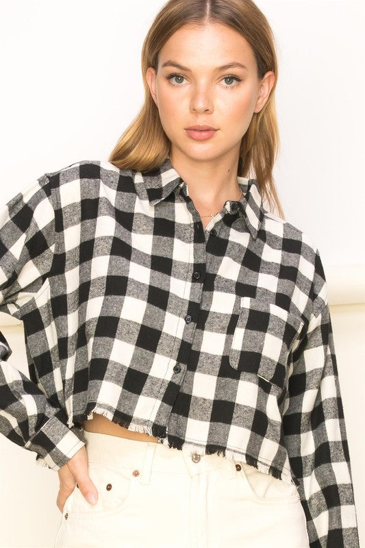 See Ya Plaid Print Button-Up Crop Top RED M by HYFVE | Fleurcouture