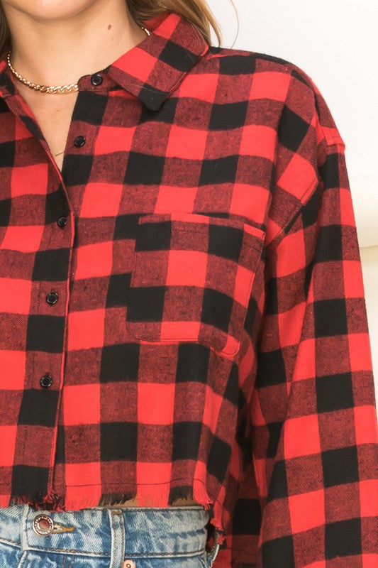 See Ya Plaid Print Button-Up Crop Top RED M by HYFVE | Fleurcouture