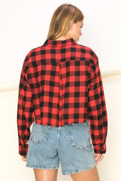 See Ya Plaid Print Button-Up Crop Top RED M by HYFVE | Fleurcouture