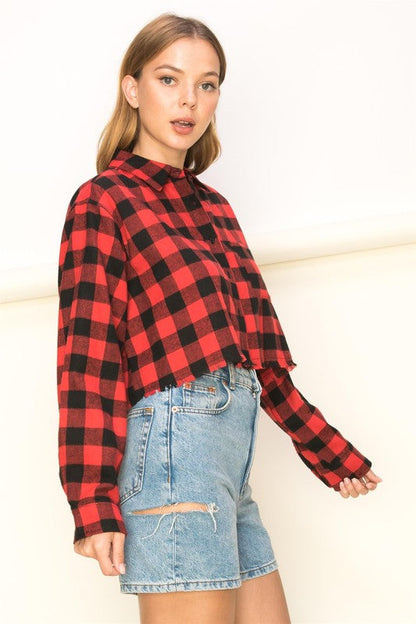 See Ya Plaid Print Button-Up Crop Top RED M by HYFVE | Fleurcouture