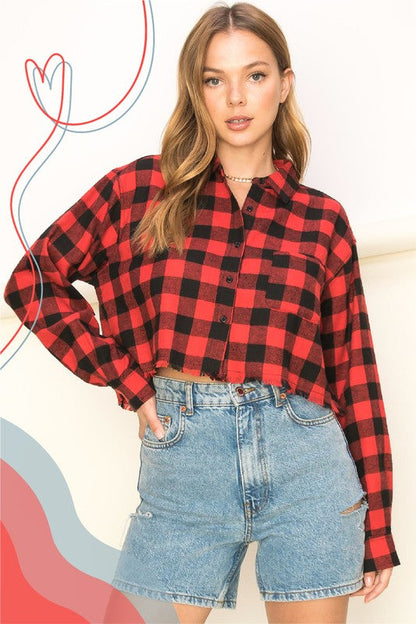 See Ya Plaid Print Button-Up Crop Top RED M by HYFVE | Fleurcouture