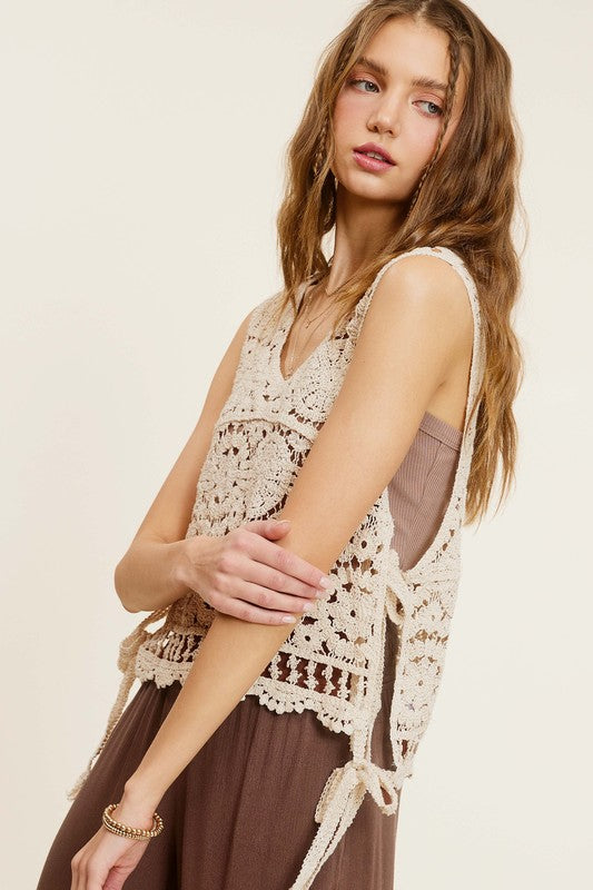 Self Side Tie Detailed Crochet Vest Top NATURAL by La Miel | Fleurcouture