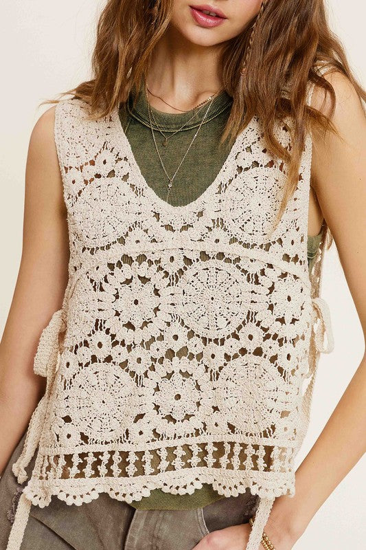 Self Side Tie Detailed Crochet Vest Top NATURAL by La Miel | Fleurcouture