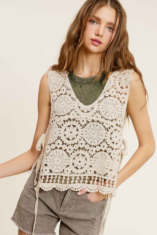 Self Side Tie Detailed Crochet Vest Top NATURAL by La Miel | Fleurcouture