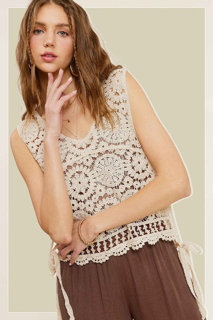 Self Side Tie Detailed Crochet Vest Top NATURAL by La Miel | Fleurcouture