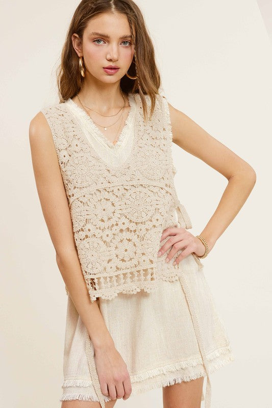 Self Side Tie Detailed Crochet Vest Top NATURAL by La Miel | Fleurcouture