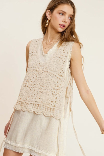 Self Side Tie Detailed Crochet Vest Top NATURAL by La Miel | Fleurcouture