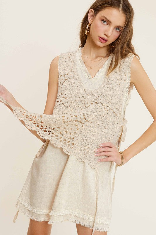 Self Side Tie Detailed Crochet Vest Top NATURAL by La Miel | Fleurcouture