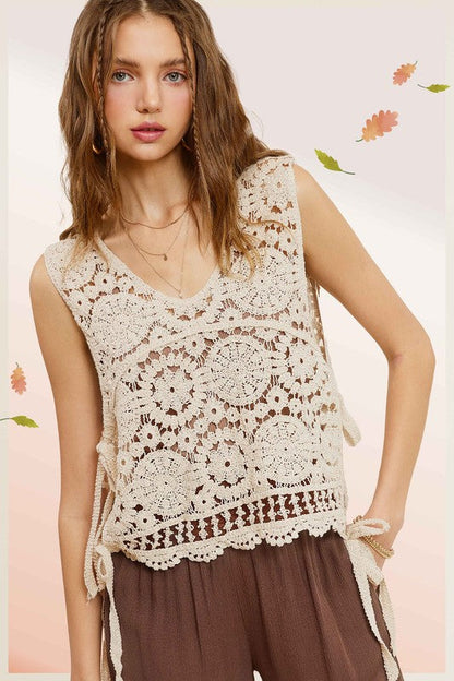 Self Side Tie Detailed Crochet Vest Top NATURAL S by La Miel | Fleurcouture