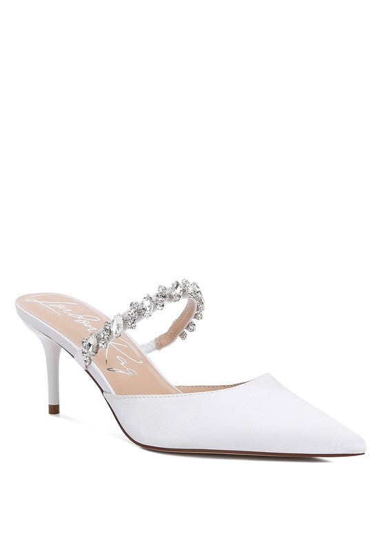 Sena Diamante Stiletto Mules Sandals White US-5 / UK-3 / EU-36 by Rag Company | Fleurcouture