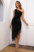 Sequin Asymmetrical Fringe Hem One-Shoulder Dress Black XS Women&