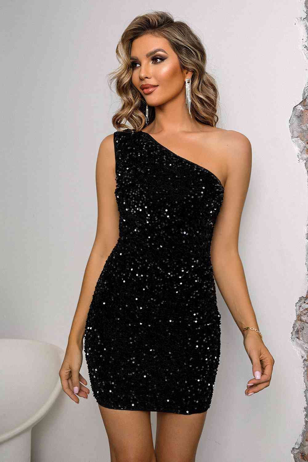 Sequin Lace-Up One-Shoulder Bodycon Dress by Trendsi | Fleurcouture