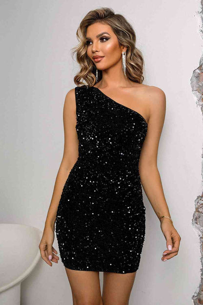 Sequin Lace-Up One-Shoulder Bodycon Dress by Trendsi | Fleurcouture