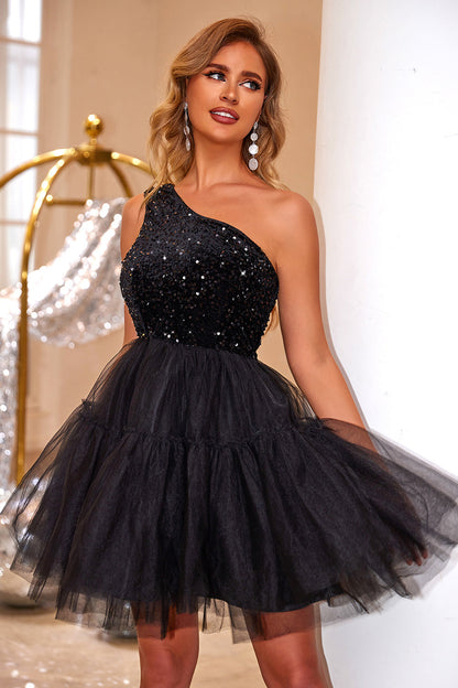 Sequin One-Shoulder Mini Dress Black Women&