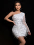 Sequin One Shoulder Spliced Mesh Sleeve Dress White S by Trendsi | Fleurcouture