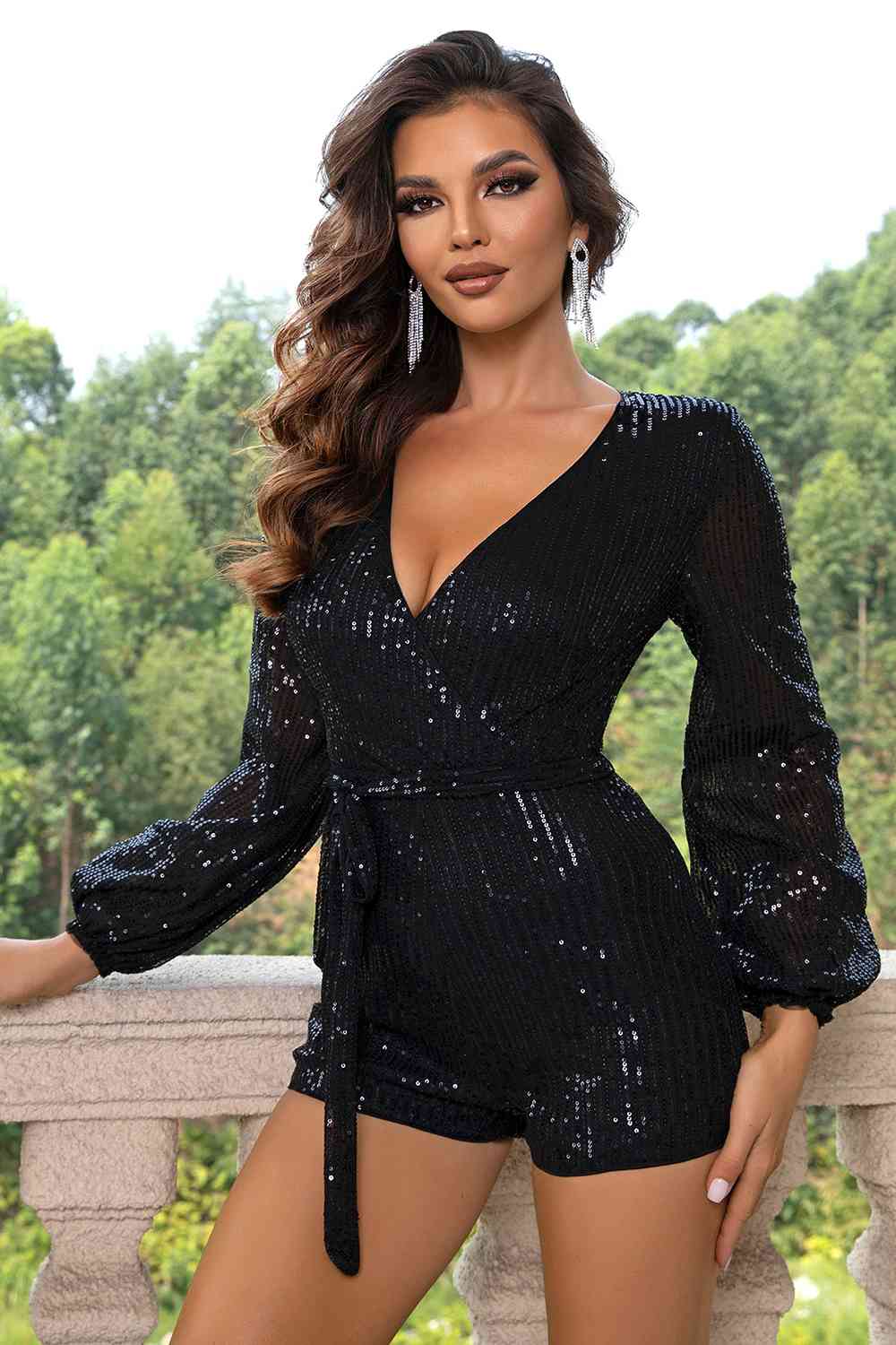 Sequin Tie Waist Long Sleeve Romper Black Romper by Trendsi | Fleurcouture