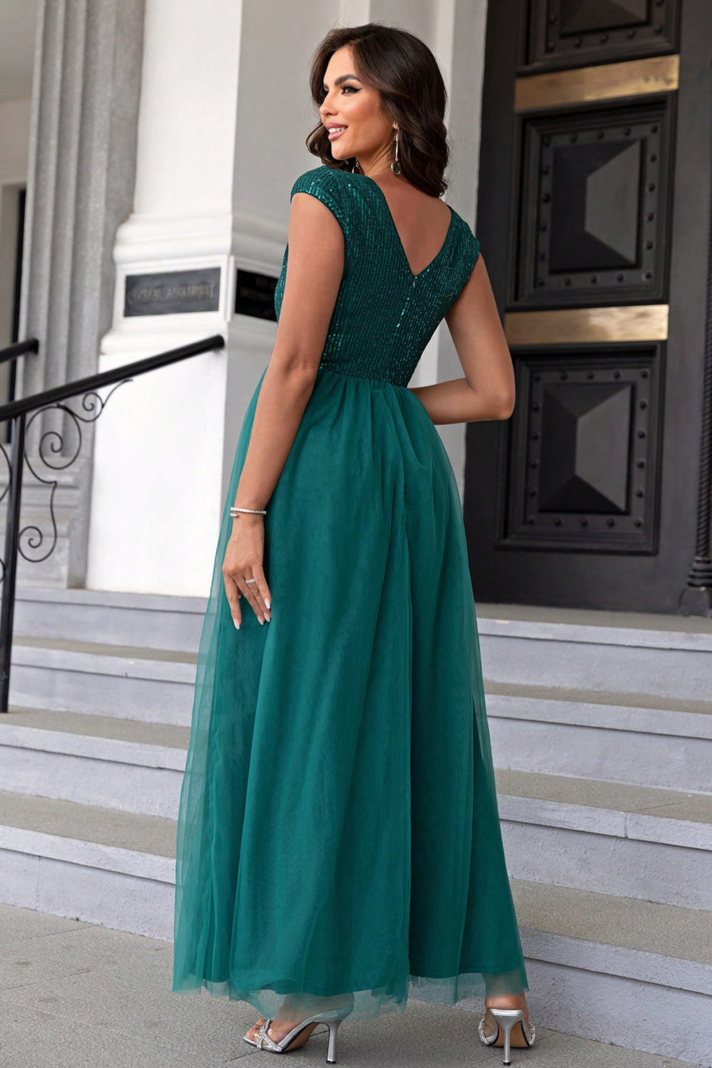 Sequin V-Neck Mesh Maxi Dress Women&