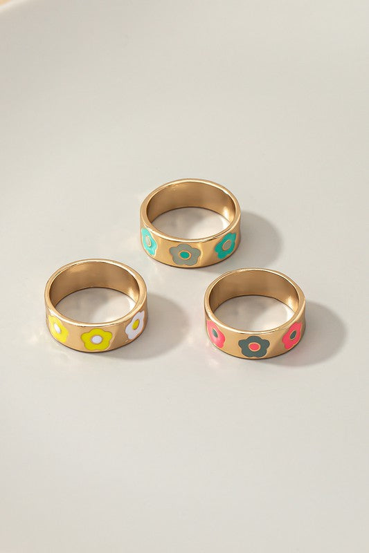 Set of three ring bands with flowers Gold one size by LA3accessories | Fleurcouture