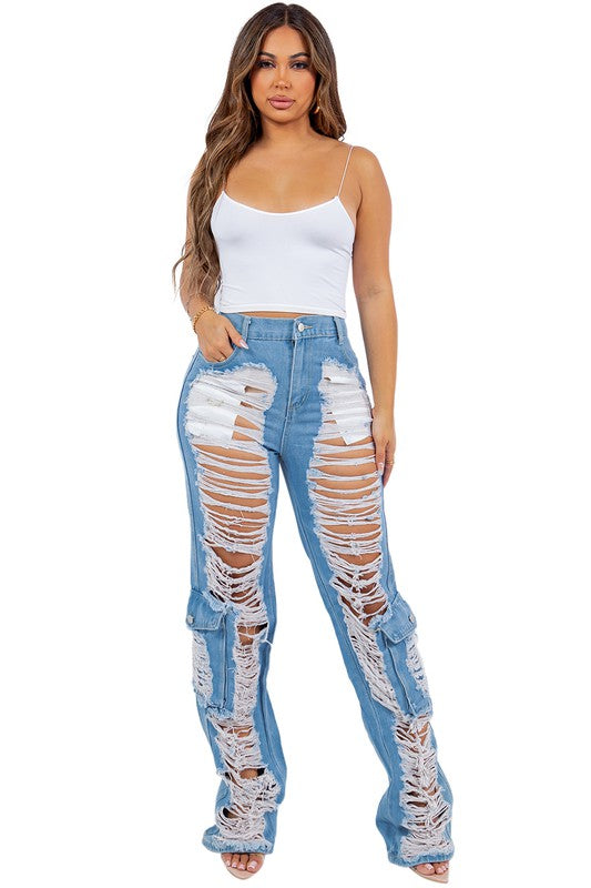 SEXY CARGO STYLE DENIM JEANS LIGHT BLUE S by By Claude | Fleurcouture