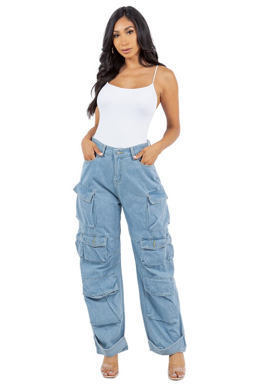 SEXY CARGO STYLE DENIM PANTS BLUE by By Claude | Fleurcouture