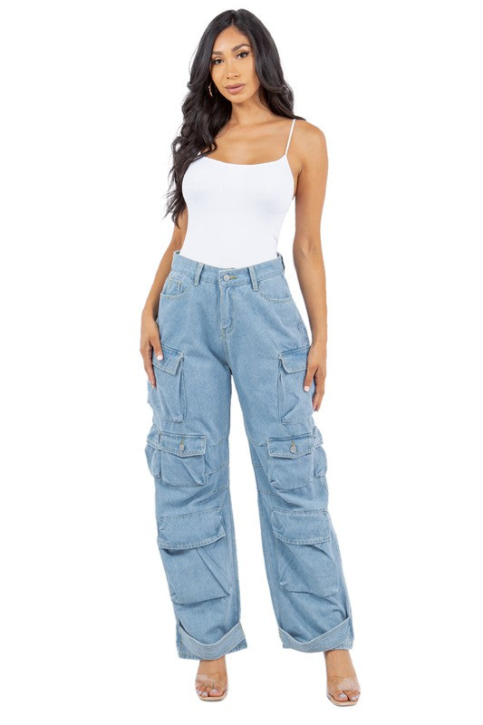 SEXY CARGO STYLE DENIM PANTS BLUE L by By Claude | Fleurcouture