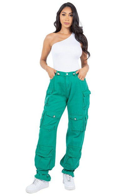 SEXY CARGO STYLE DENIM PANTS GREEN S by By Claude | Fleurcouture