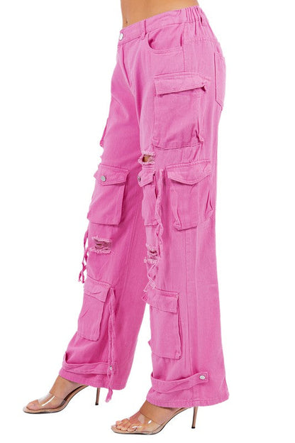 SEXY CARGO STYLE DENIM PANTS HOT PINK by By Claude | Fleurcouture