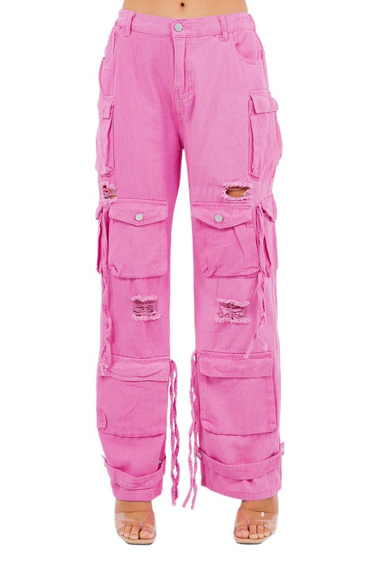 SEXY CARGO STYLE DENIM PANTS HOT PINK by By Claude | Fleurcouture