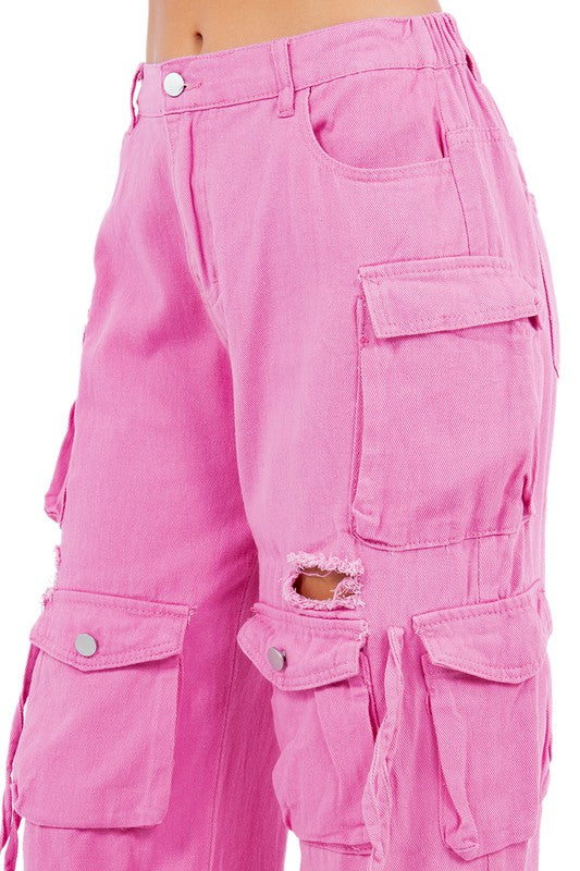 SEXY CARGO STYLE DENIM PANTS HOT PINK by By Claude | Fleurcouture