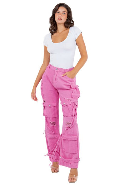 SEXY CARGO STYLE DENIM PANTS HOT PINK S by By Claude | Fleurcouture