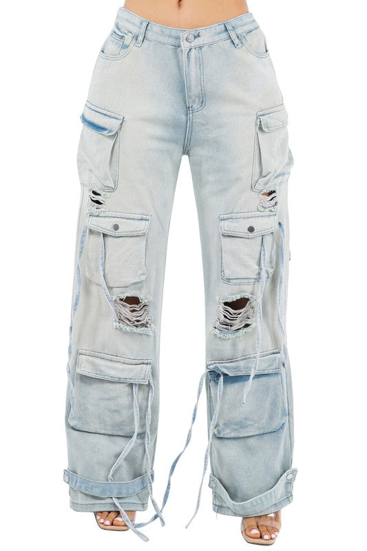 SEXY CARGO STYLE DENIM PANTS LIGHT BLUE by By Claude | Fleurcouture